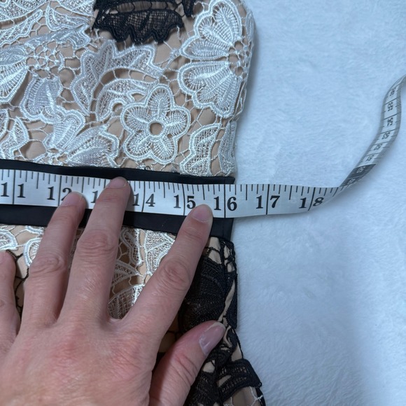 Bardot Lace Cocktail Dress Black White Nude Floral Bodycon Asymmetrical Hem 10 - Picture 6 of 11